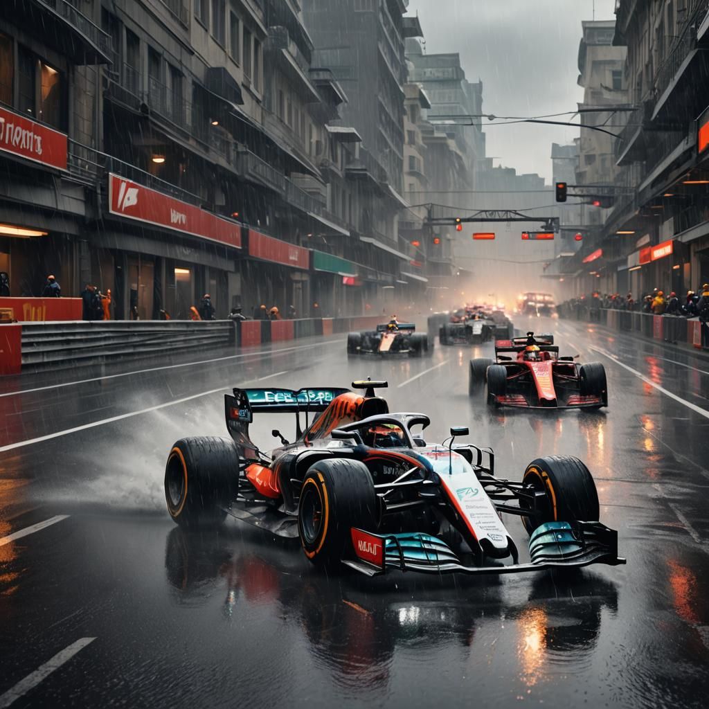 Formula 1 Race in Rain: Detailed Matte Painting