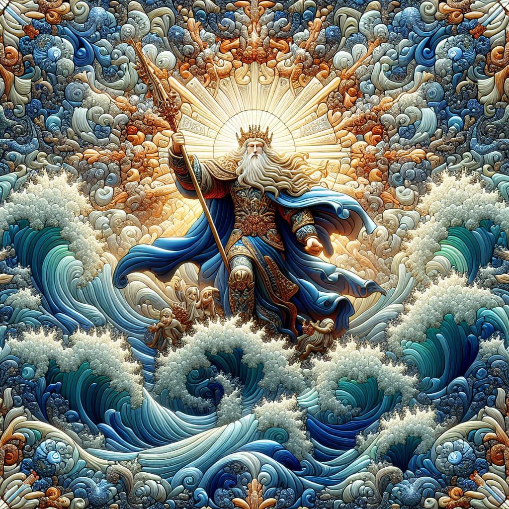 Maxfield Parrish inspired King neptune in a raging sea, stained glass