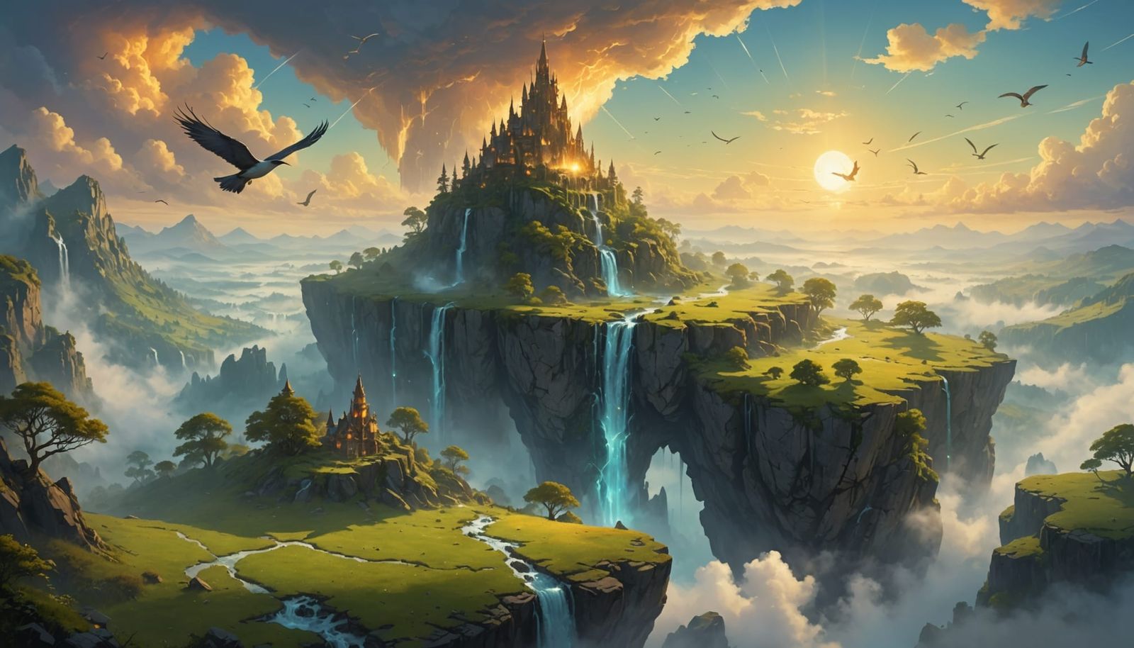 Dreamlike Floating Island in Golden Mist