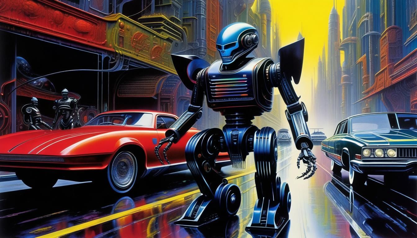 Cyberpunk Robot Road Rage in Sci-Fi Style