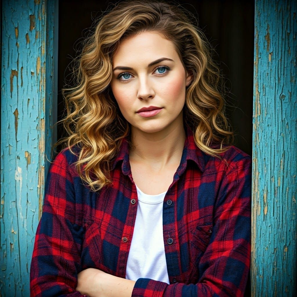 Contemplative Woman in Lumberjack Shirt: Painterly Portrait