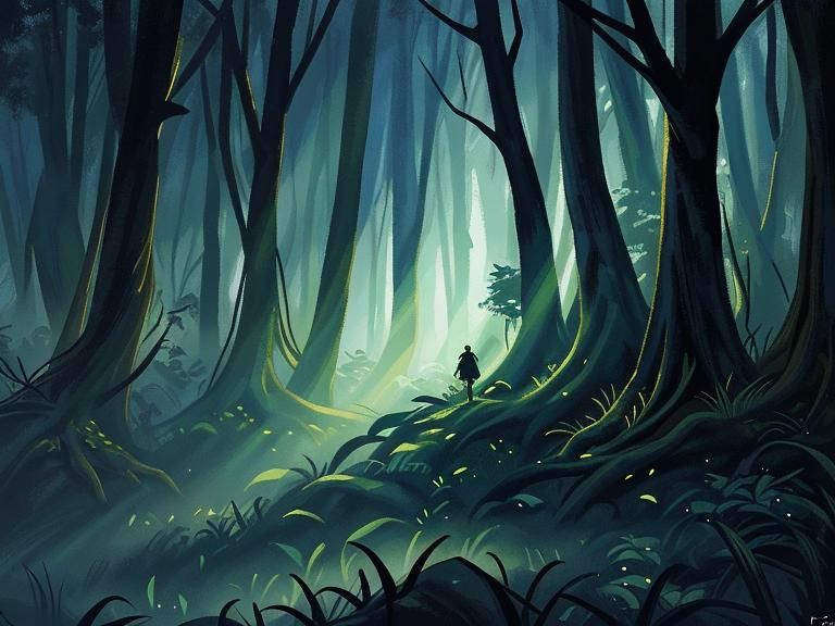 Dusk Forest Silhouette in Hyperrealistic Painting