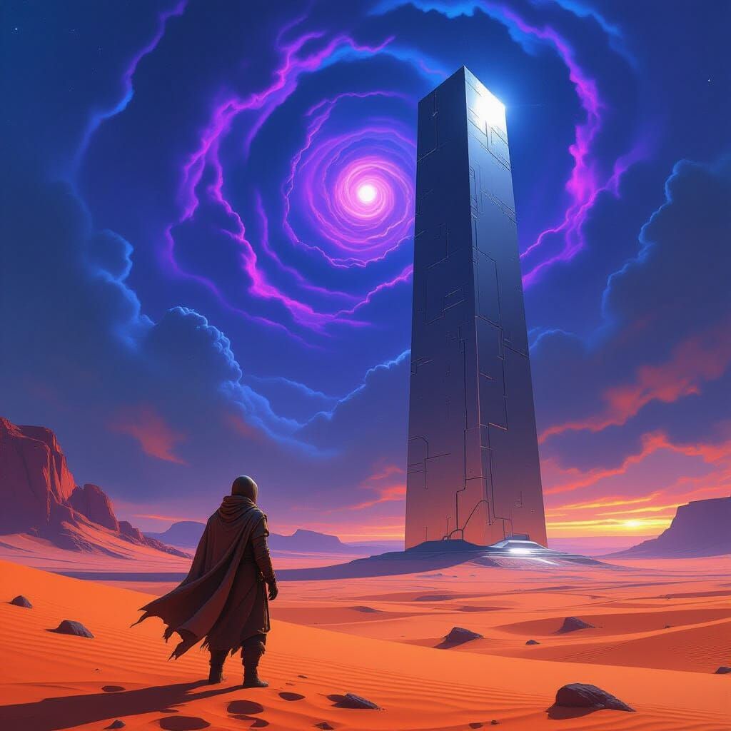 Explorer on Alien Desert Planet Gazing at Monolith