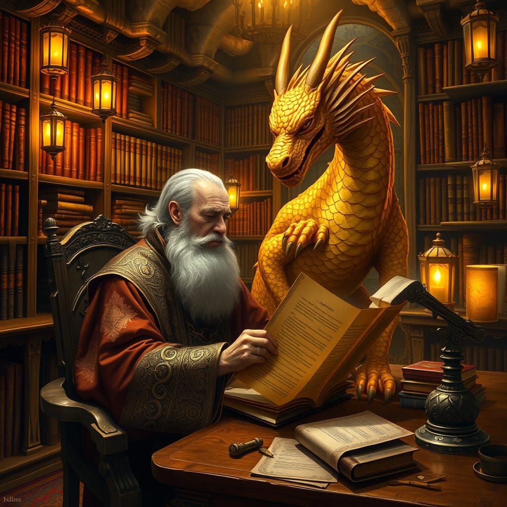 Ancient Wizard Mastered by Golden Dragon in Mystic Cave