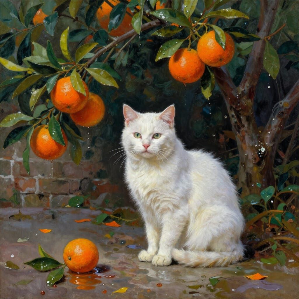 White Cat Beside Orange Tree in Gouache Painting