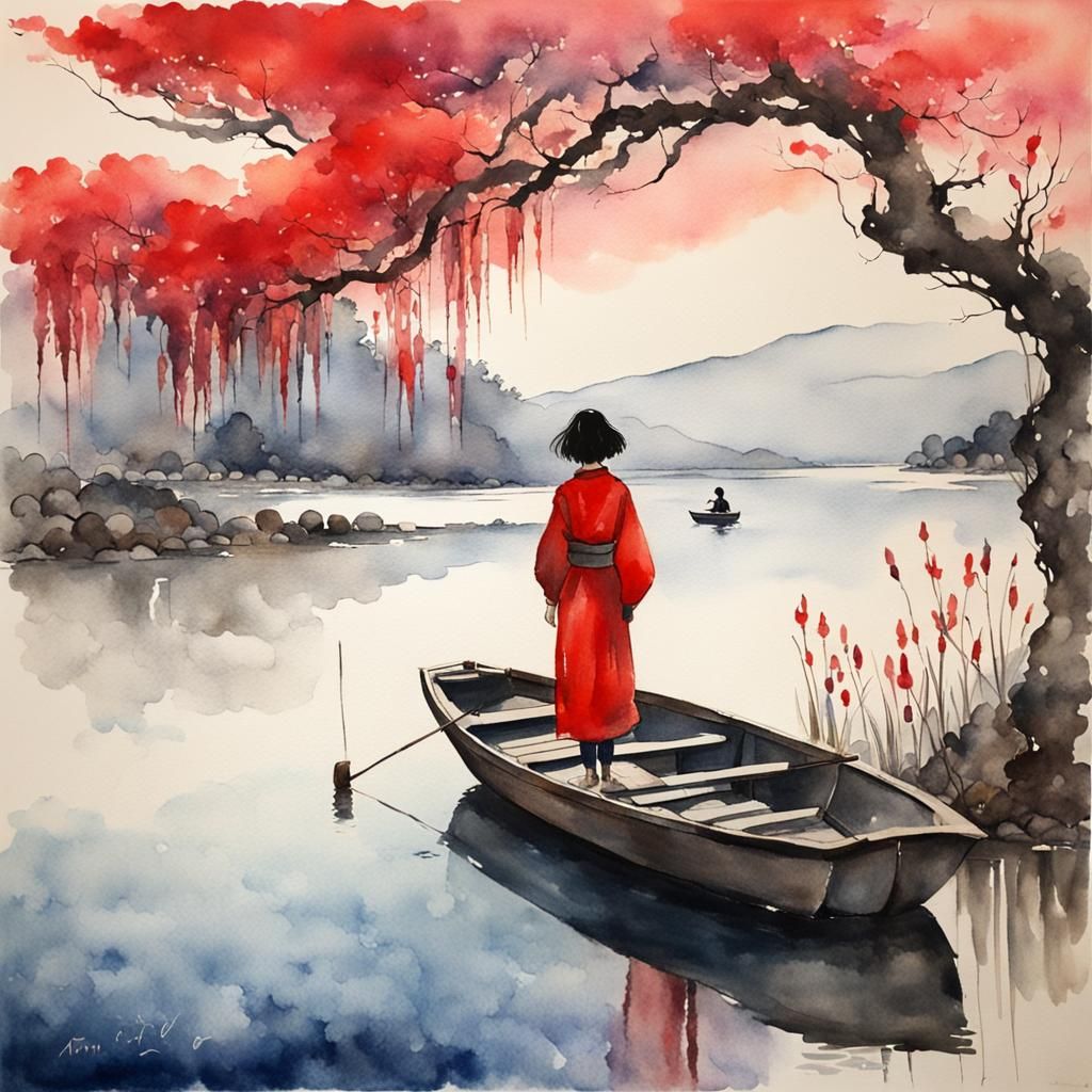Serene Fisherwoman in a River Dawn Scene
