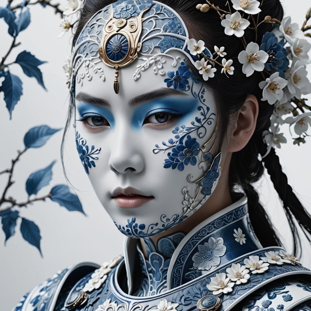Samurai Armor with Willow Pattern in Digital Art