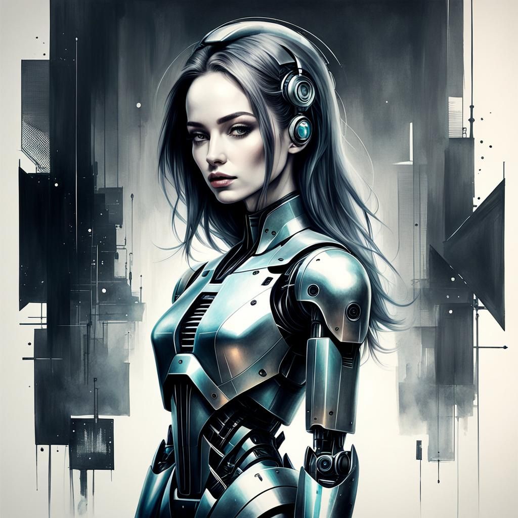 Robot Girl Portrait in Double Exposure Style