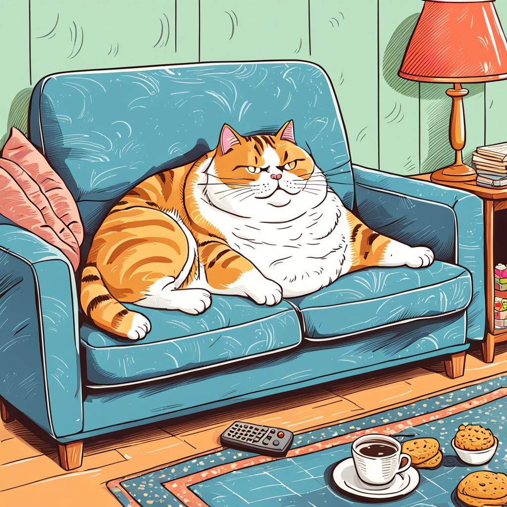 Lazy Cartoon Cat Watching TV on Sofa