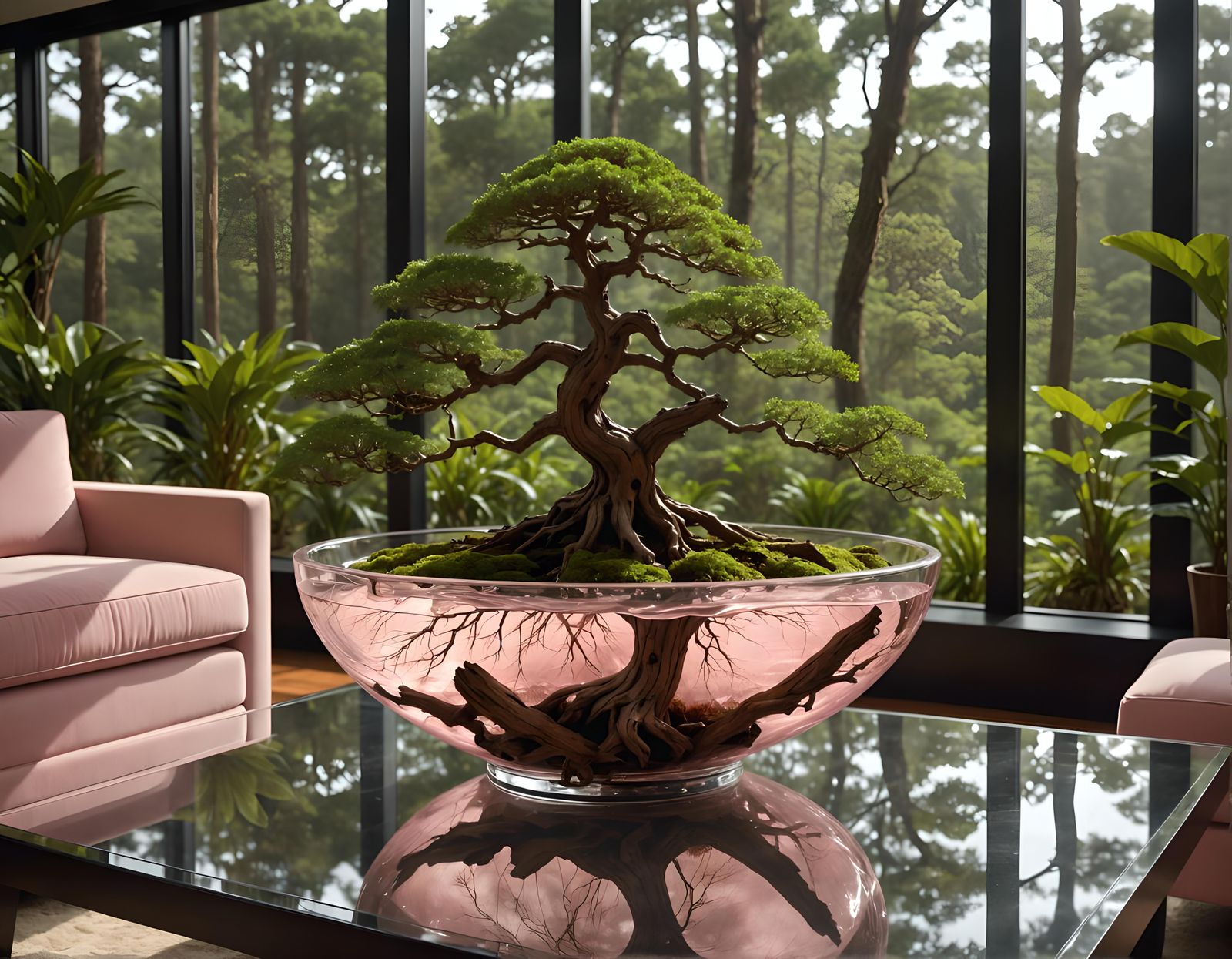 Bonsai Redwood in Crystal Bowl: Cyberpunk Jungle View
