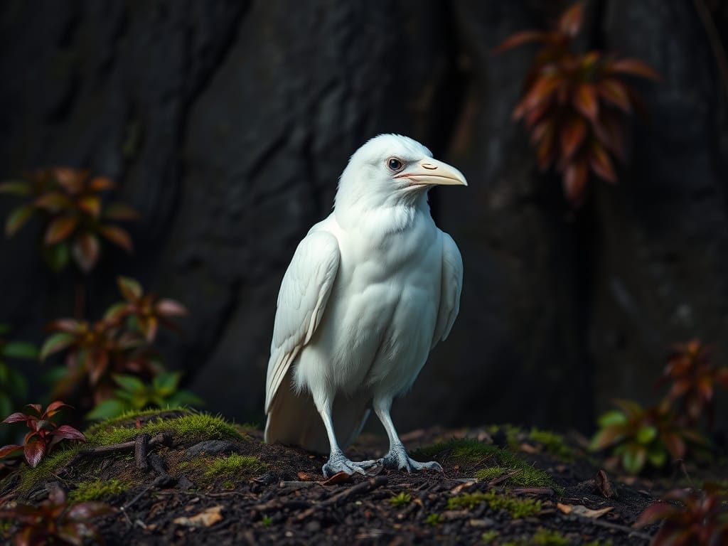 Photorealistic Albino Raven with Blue Eyes in Autumn Setting