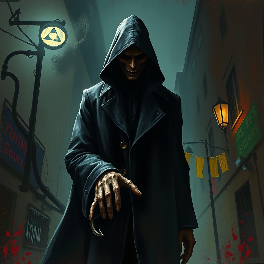 Ethereal Figure in Dark Coat Confronts Urban Shadows