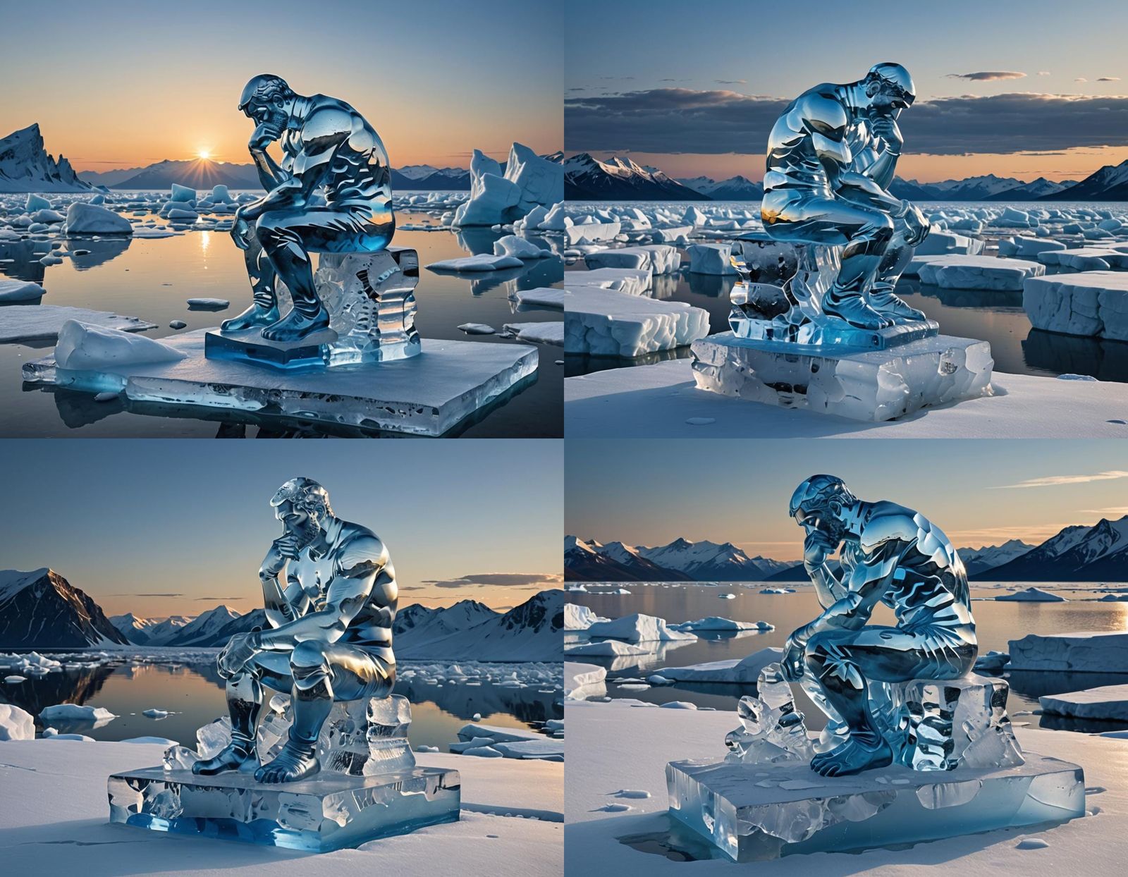 Hyperrealistic Ice Sculpture of The Thinker in Arctic