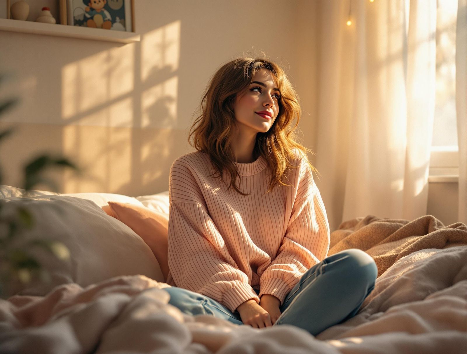 Dreamy Woman in Cozy Bedroom, Whimsical Art Style