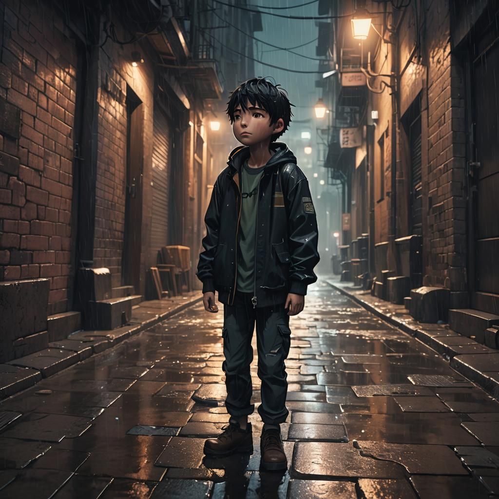 Crying Boy in Dark Alley: Cinematic Anime Concept Art