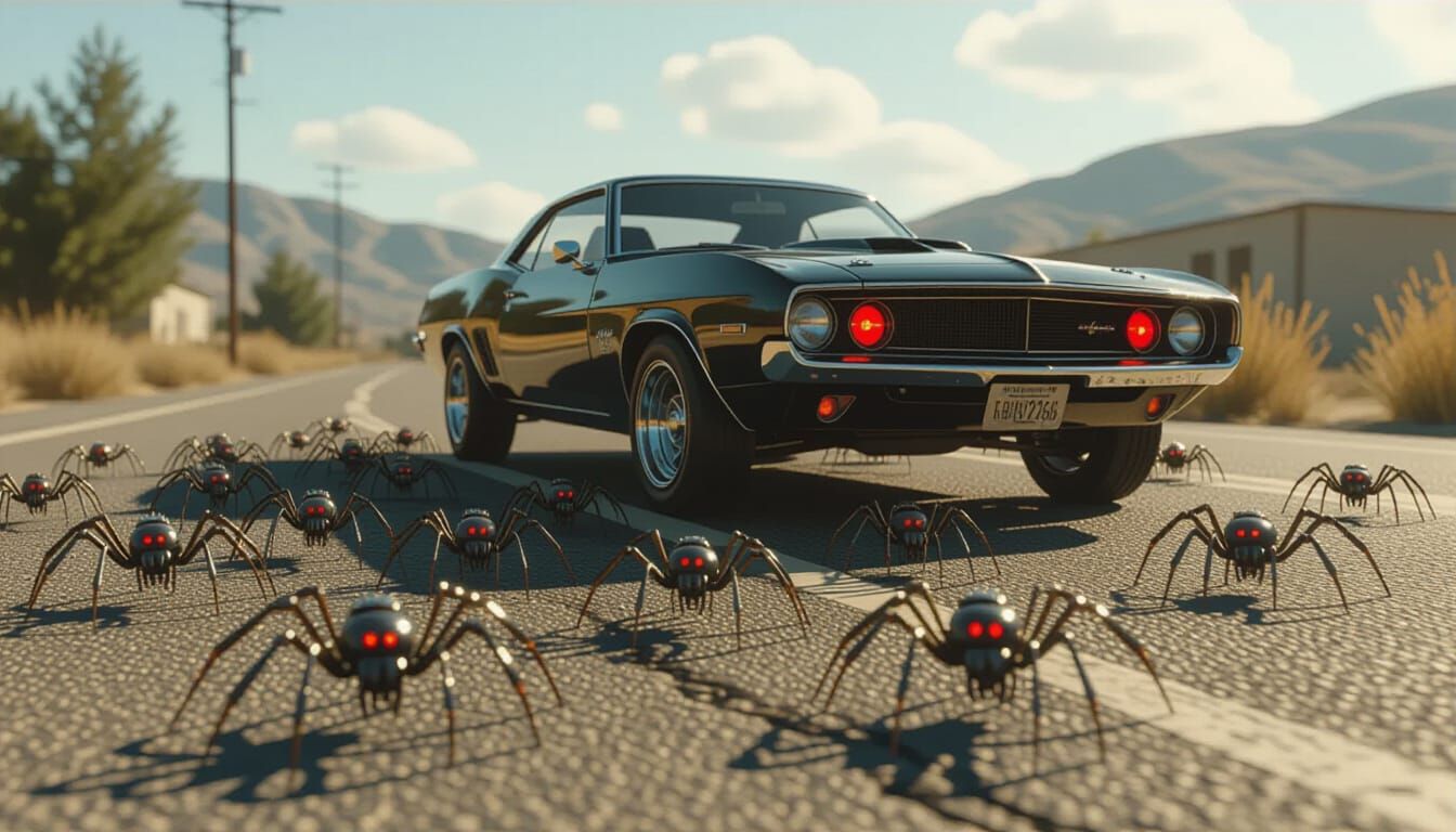 Cyber Spider Swarm Attacks Muscle Car