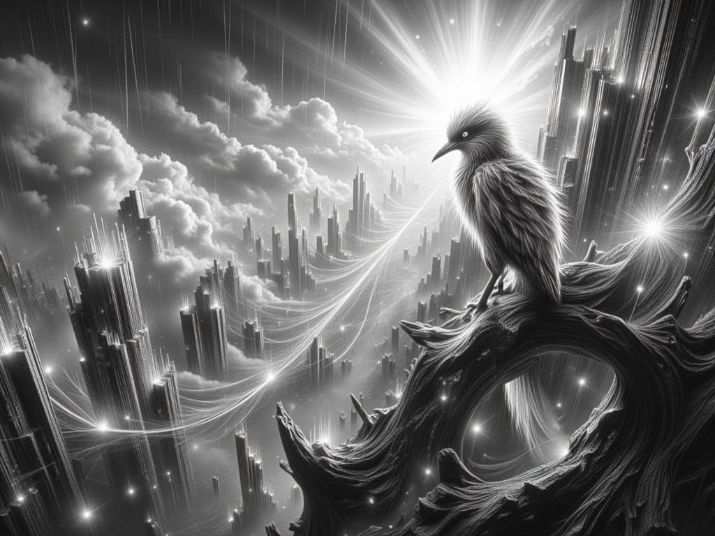 Monochromatic Bird Portrait in Dystopian Cityscape