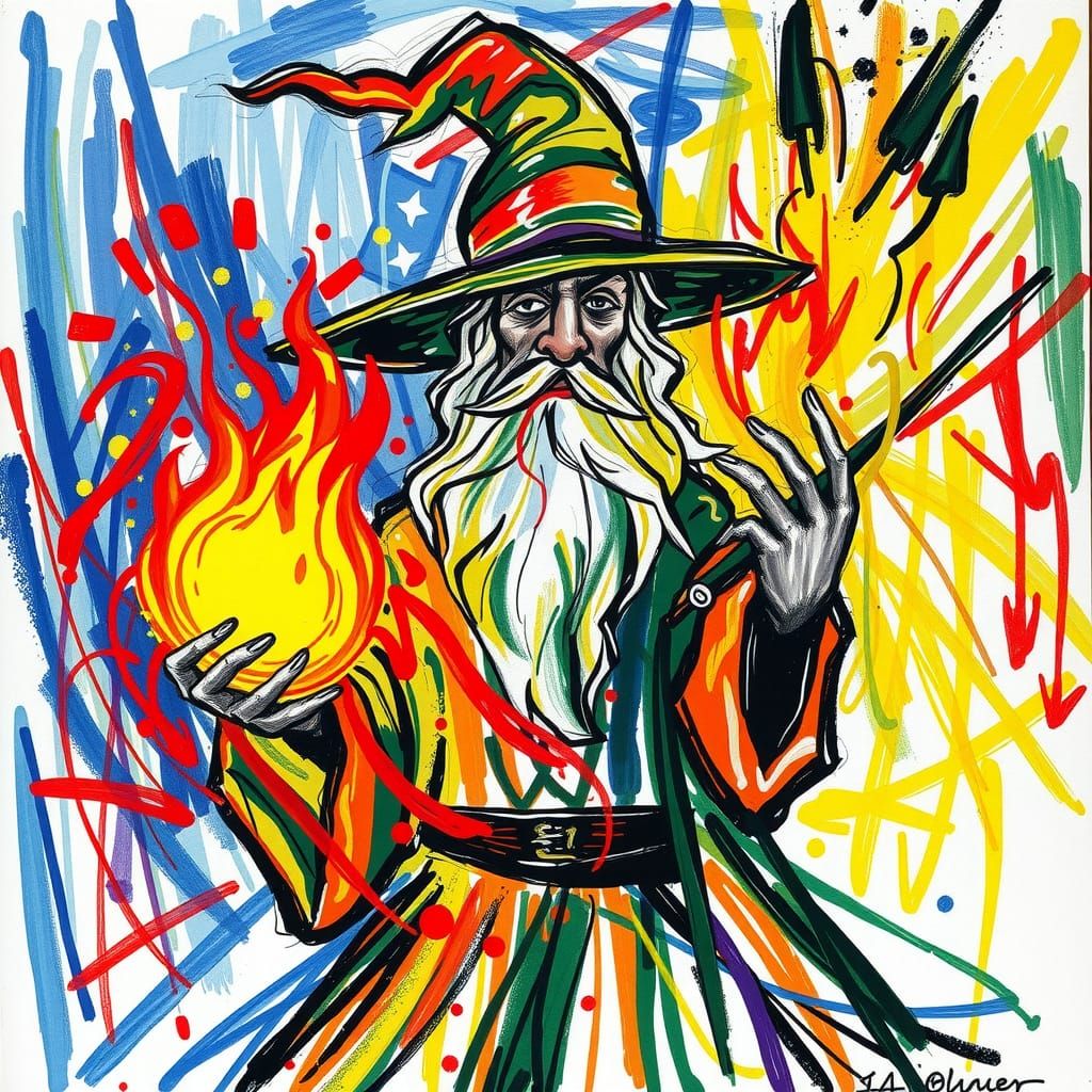 Whimsical Wizard with Fireball in Impressionist Style