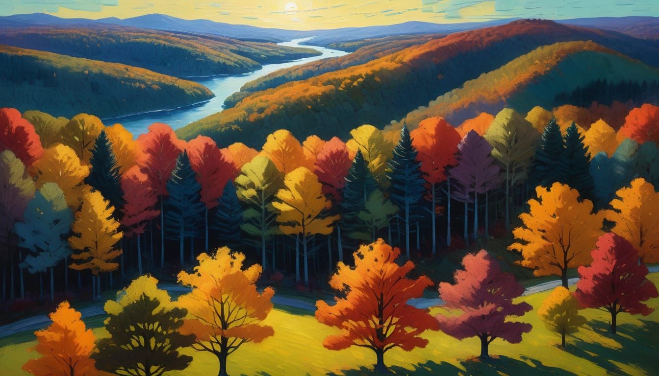 Vermont Hills in Autumn: Gouache Style Impressionist Paintin...
