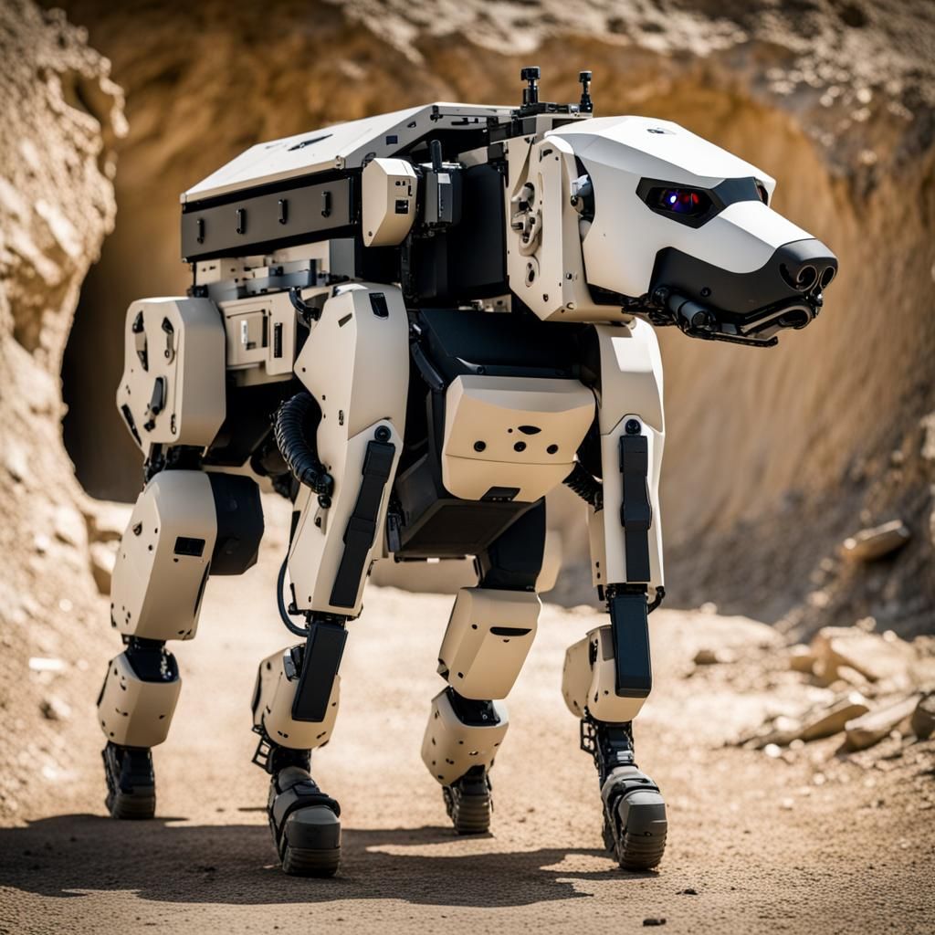 Robotic Military Dog Enters Tunnel with Soldiers