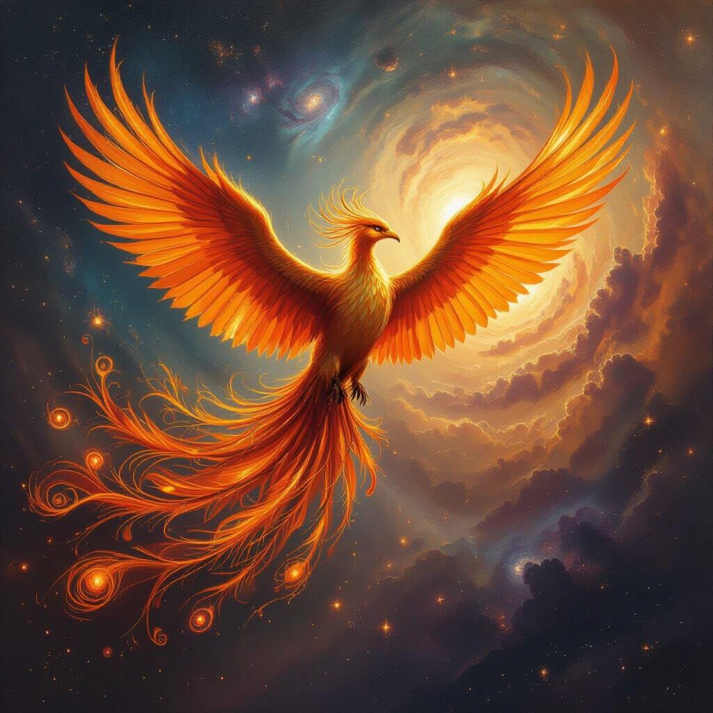 Phoenix Soars Through Cosmic Expanse in Oil Painting Style