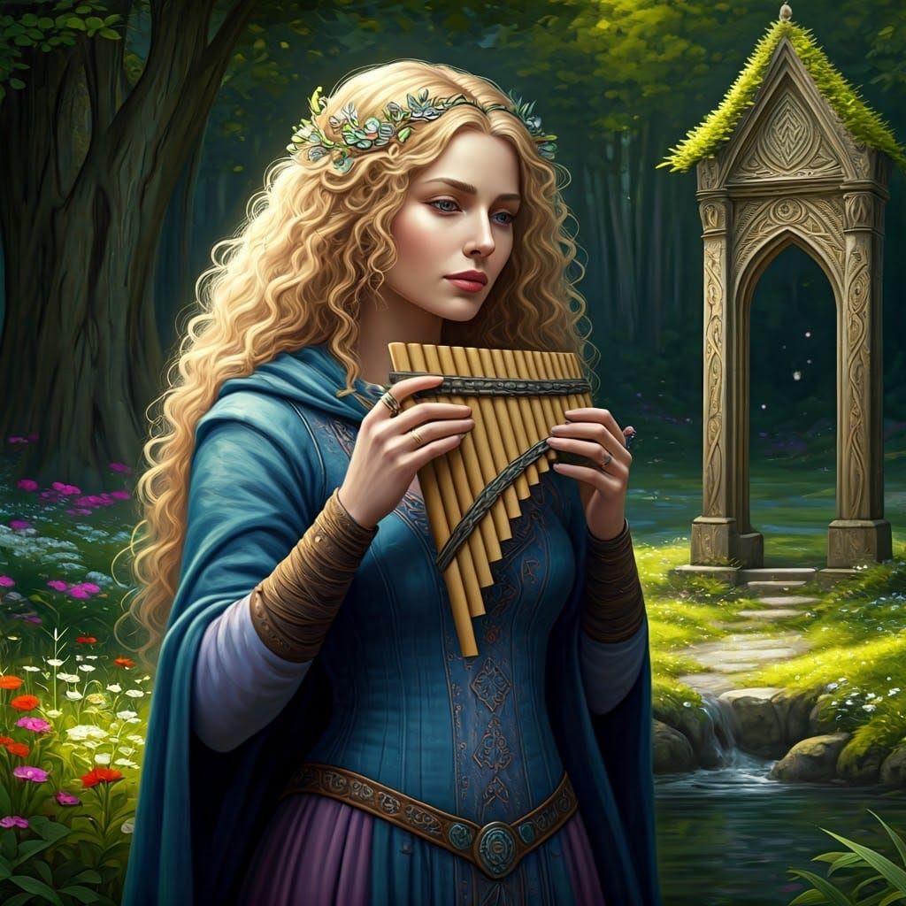Gallo-Celtic Woman Playing Flutes at Healing Spring
