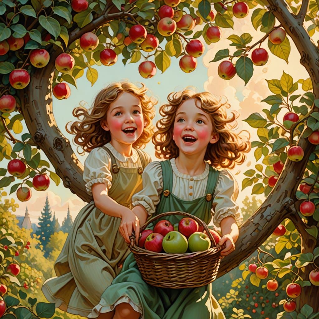 Children Climbing Apple Trees in Golden Light, Art Nouveau S...