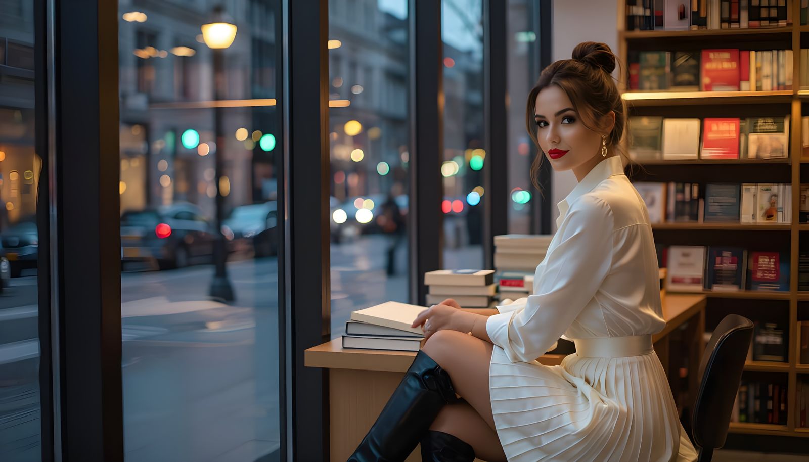 Modern Bookstore at Dusk with City Lights