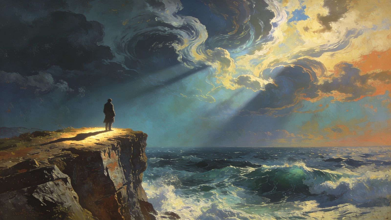 Romantic Landscape Painting of Solitary Figure Overlooking O...