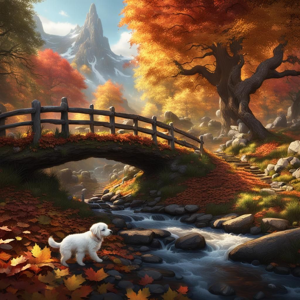 Autumn Woodland Scene with Puppy, Fantasy Concept Art