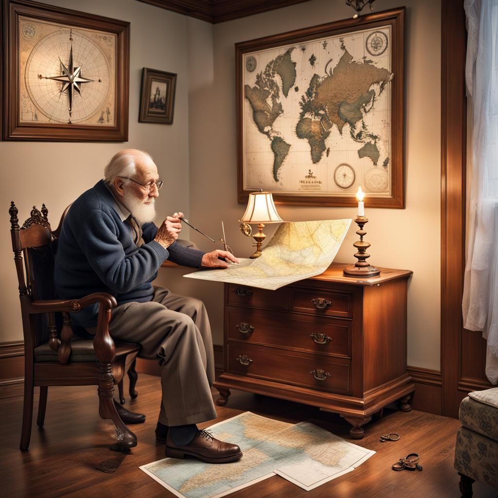 Elderly Man Navigating by Antique Map, Detailed Digital Art