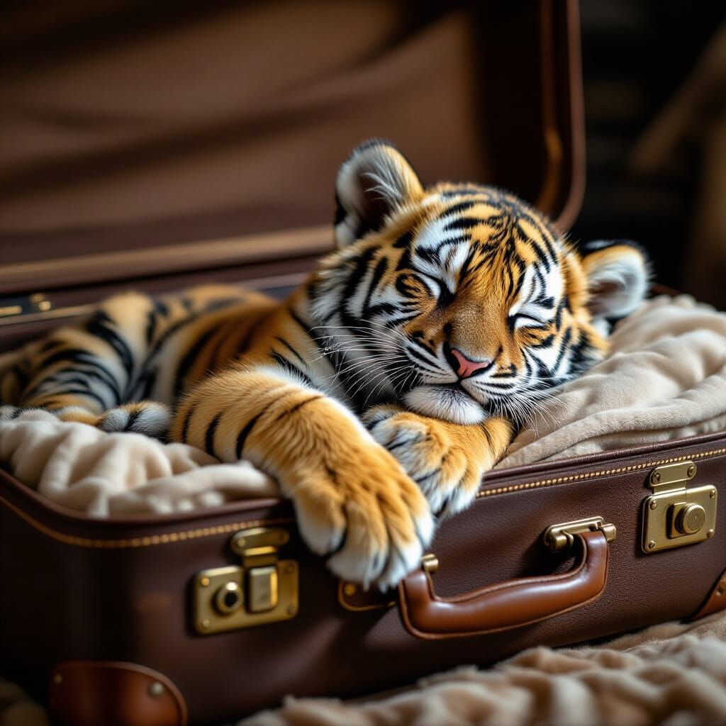 Tiger Cub Napping in Suitcase, Cinematic Travel Scene
