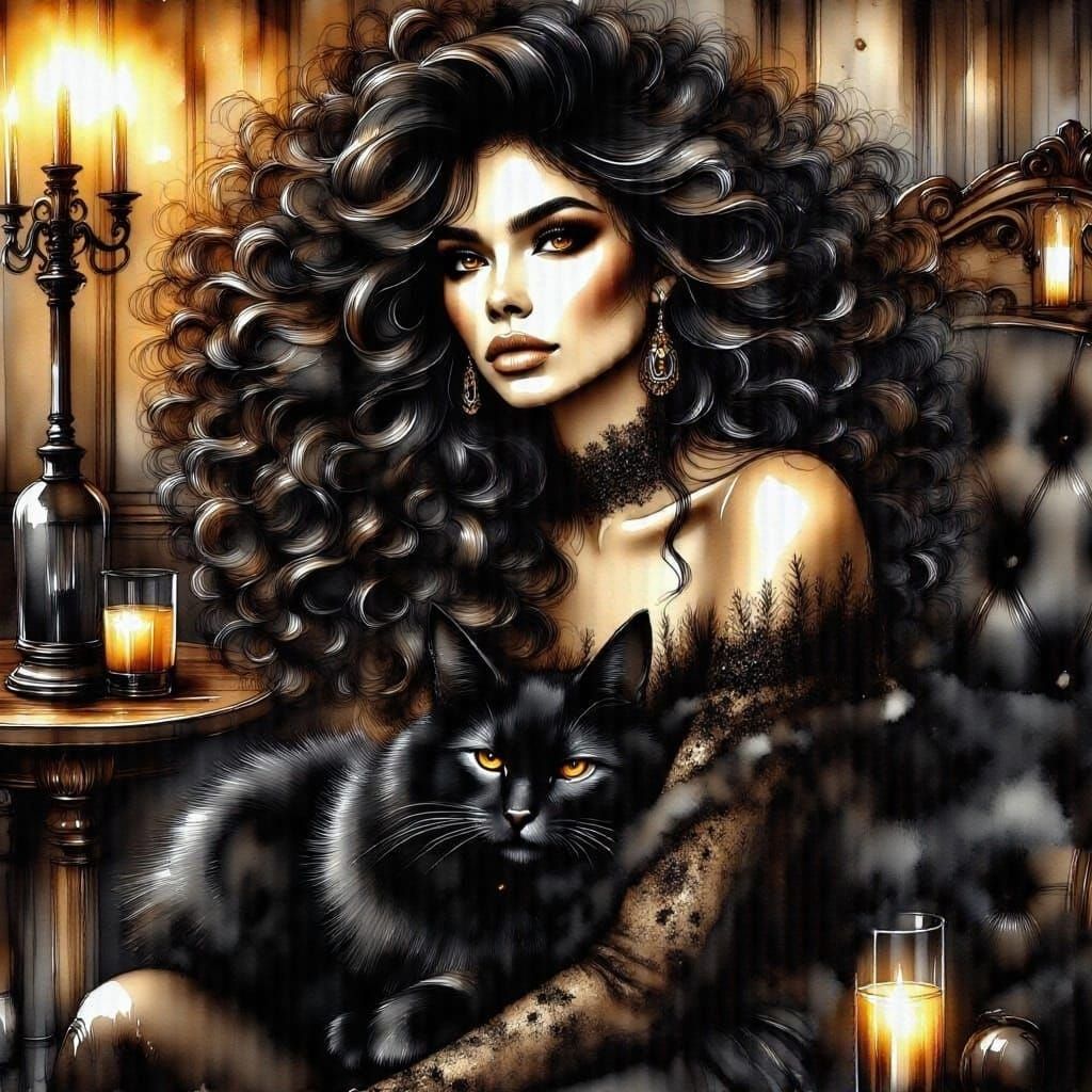 Gothic Steampunk Woman with Cat Oil Painting