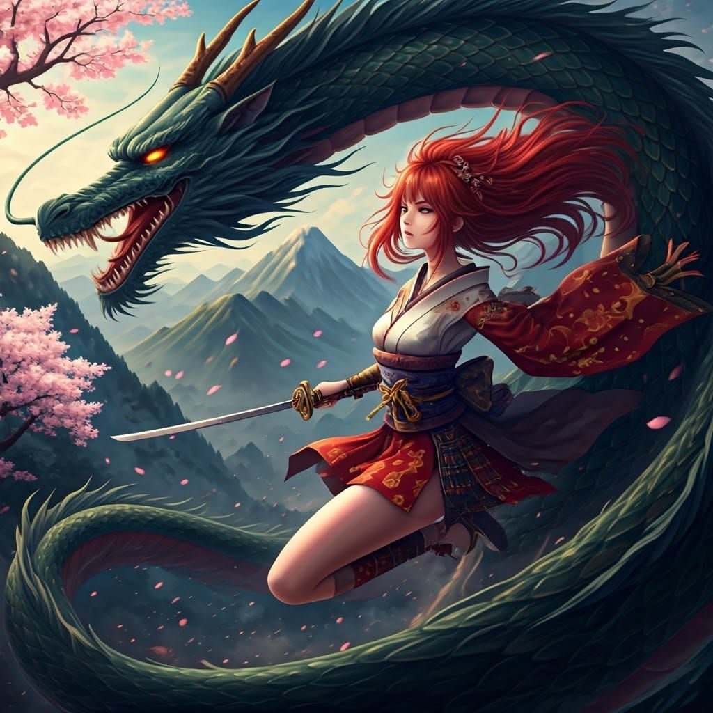 Anime Warrior Battles Dragon in Traditional Japanese Aesthet...
