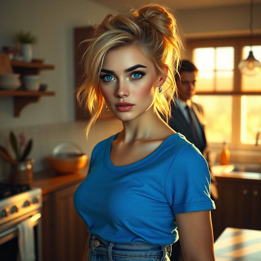 Blonde Woman in Sunlit Kitchen, Digital Matte Painting