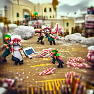 Elves' Candy Cane Fight in Snow Town