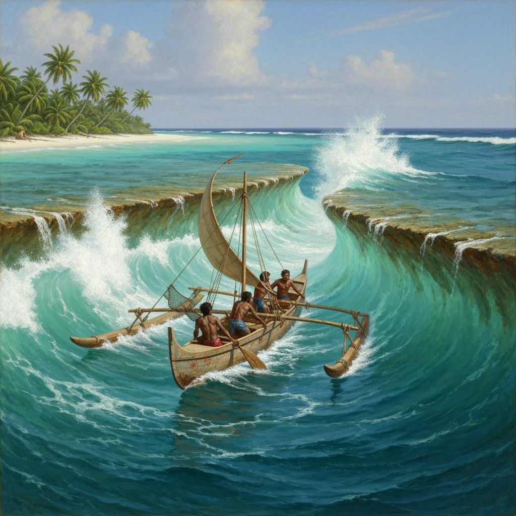 Outrigger Canoe Navigates Tropical Atoll Reef Passage