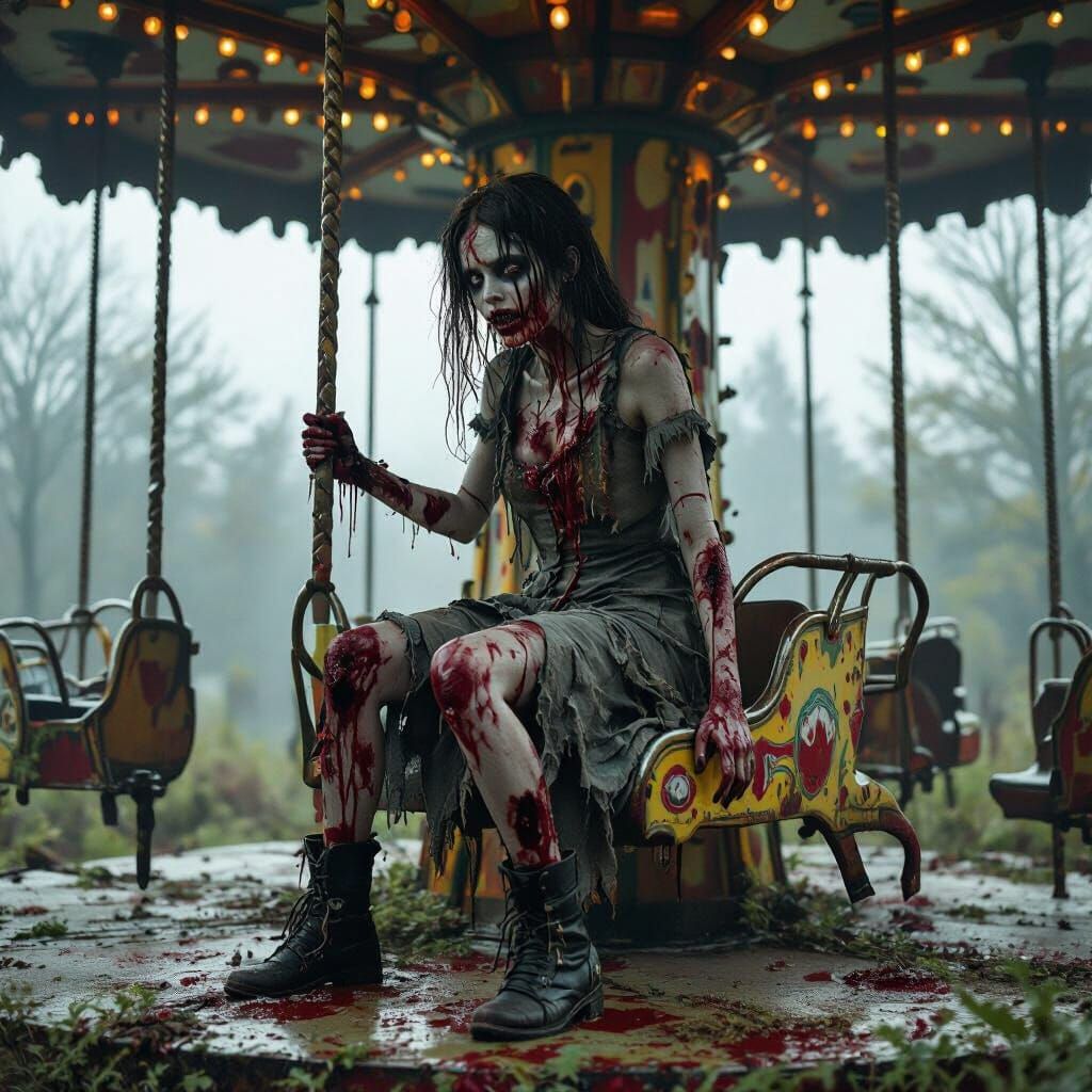 Zombie Girl on Rusty Merry-Go-Round in Misty Park