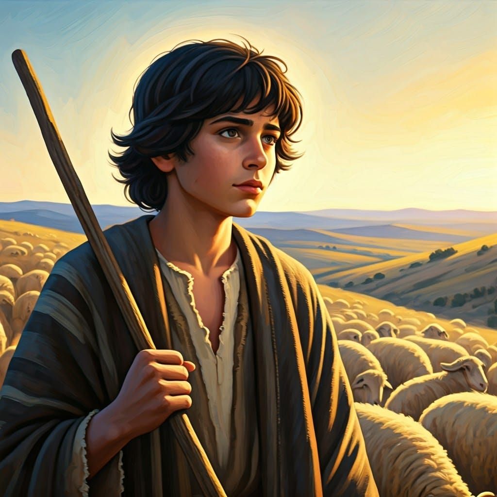 Young Shepherd Contemplates Serene Sunset