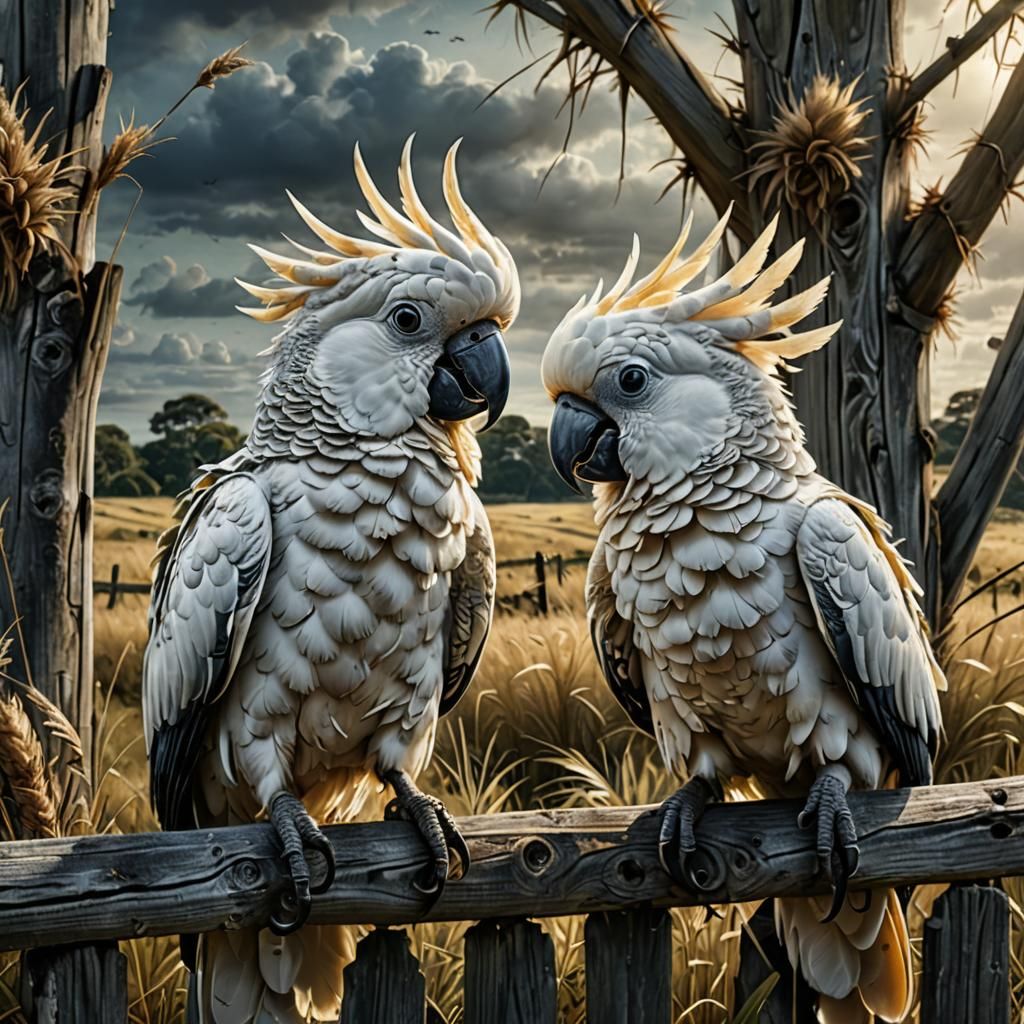 Cockatoos on a Fence in Surrealist 3D