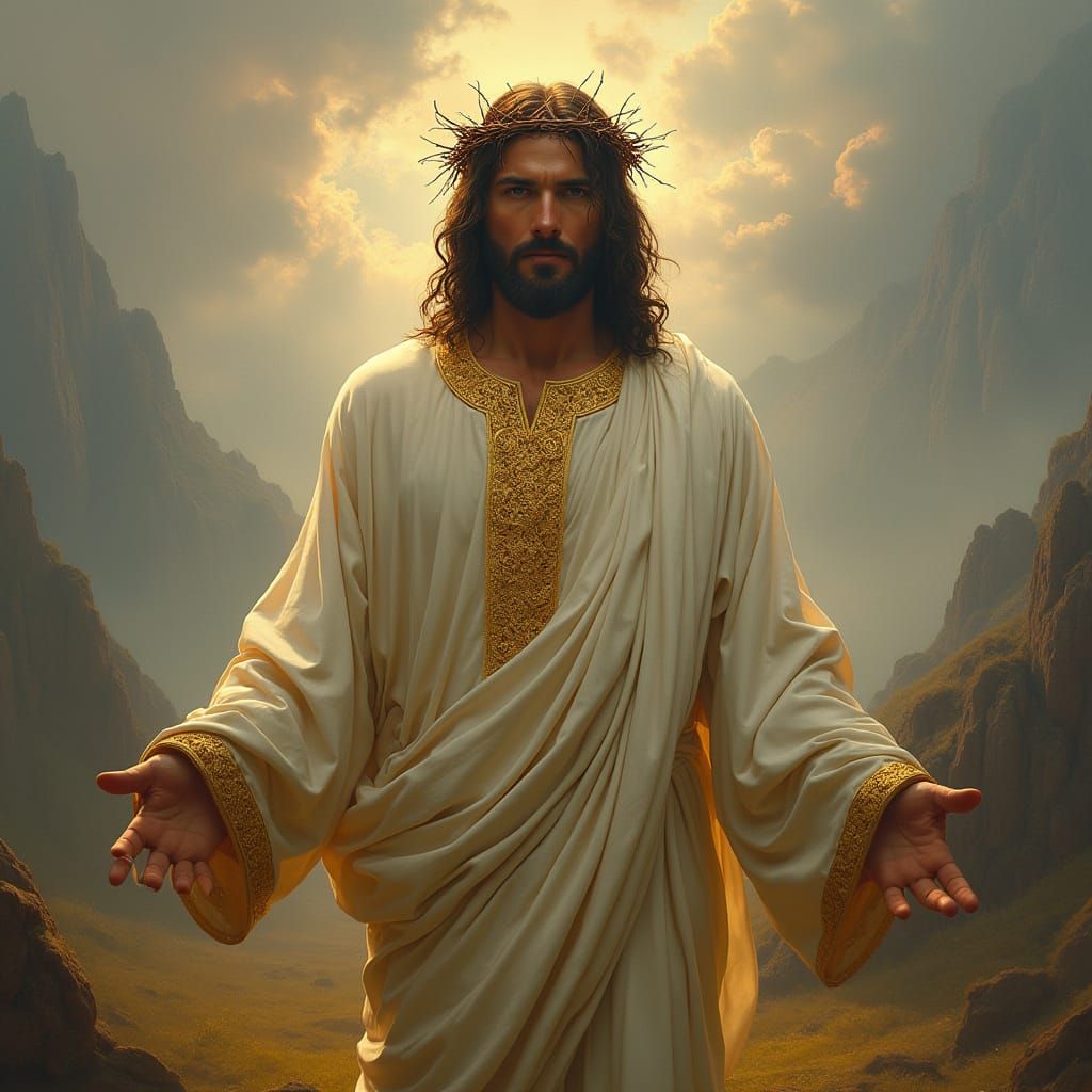 Jesus in a Dreamlike Landscape with Golden Embroidery