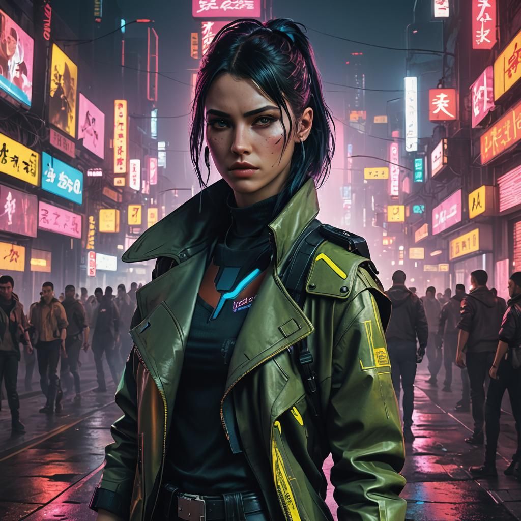 Cyberpunk Fashion Model in Neon Cityscape