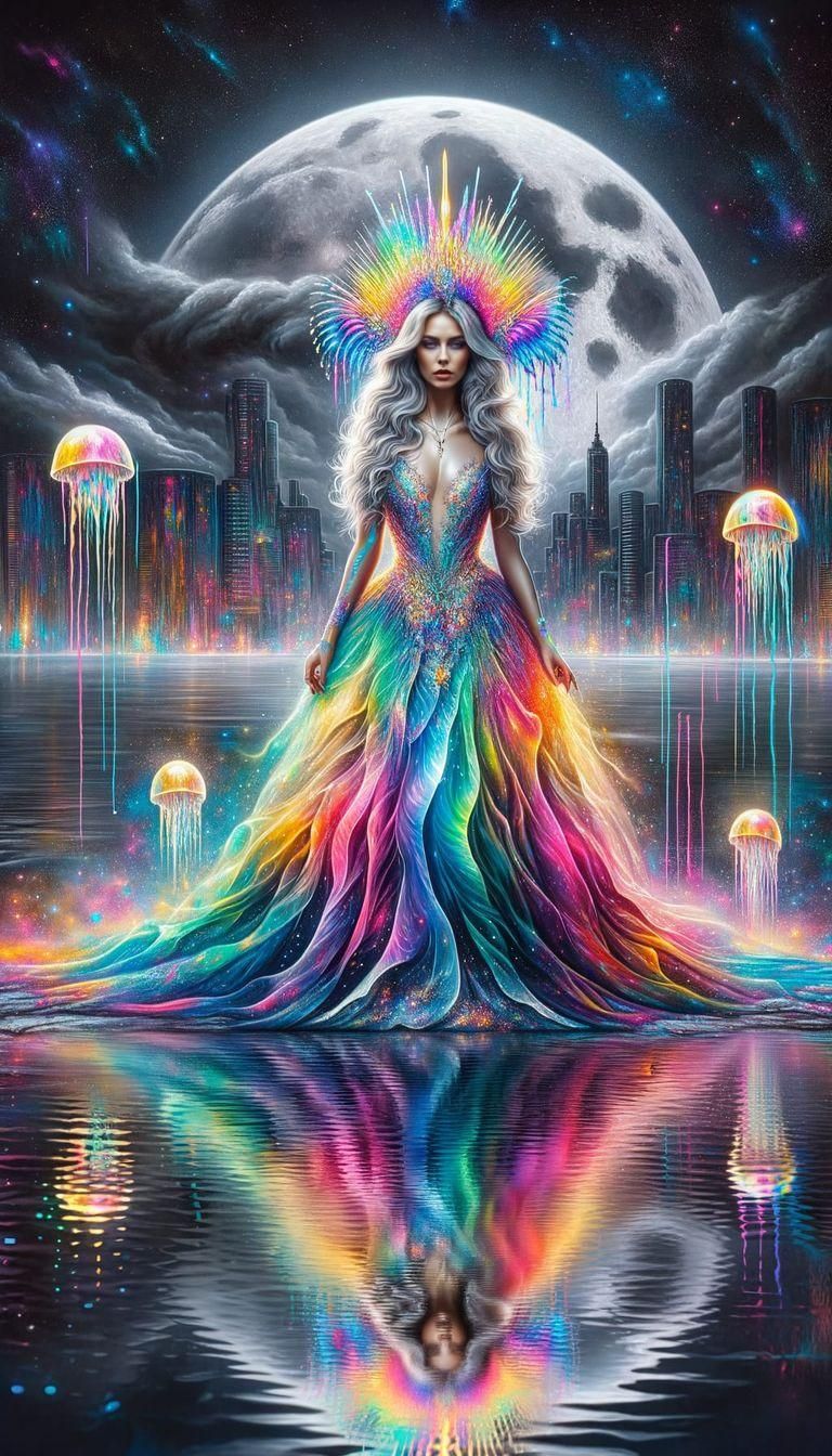 Iridescent Woman in Rainbow Gown: Surreal Graffiti Art