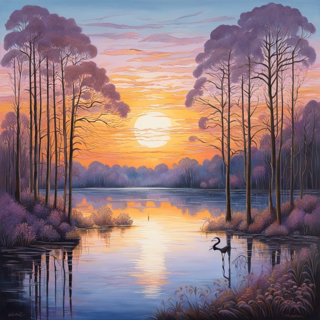 Warm Light Emerges Over Tranquil Lake Scene in Gouache Paint...