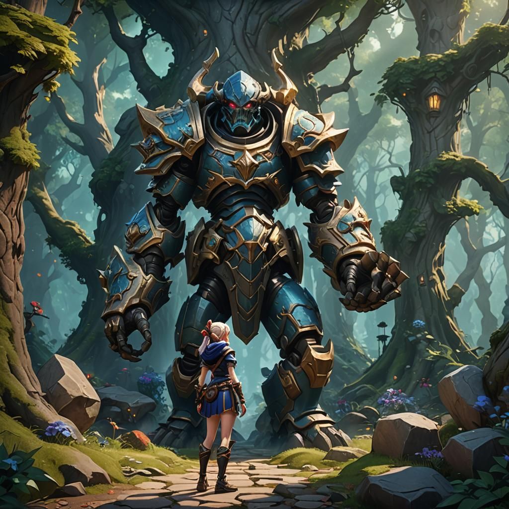 Camille and Stone Golem in Fantasy Forest