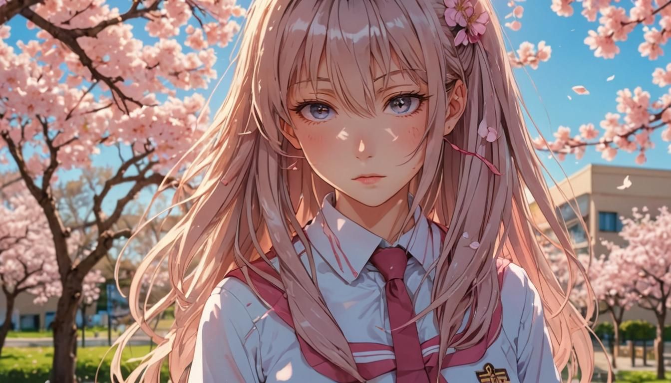 Anime Girl Portrait in Manga Style with Cherry Blossoms