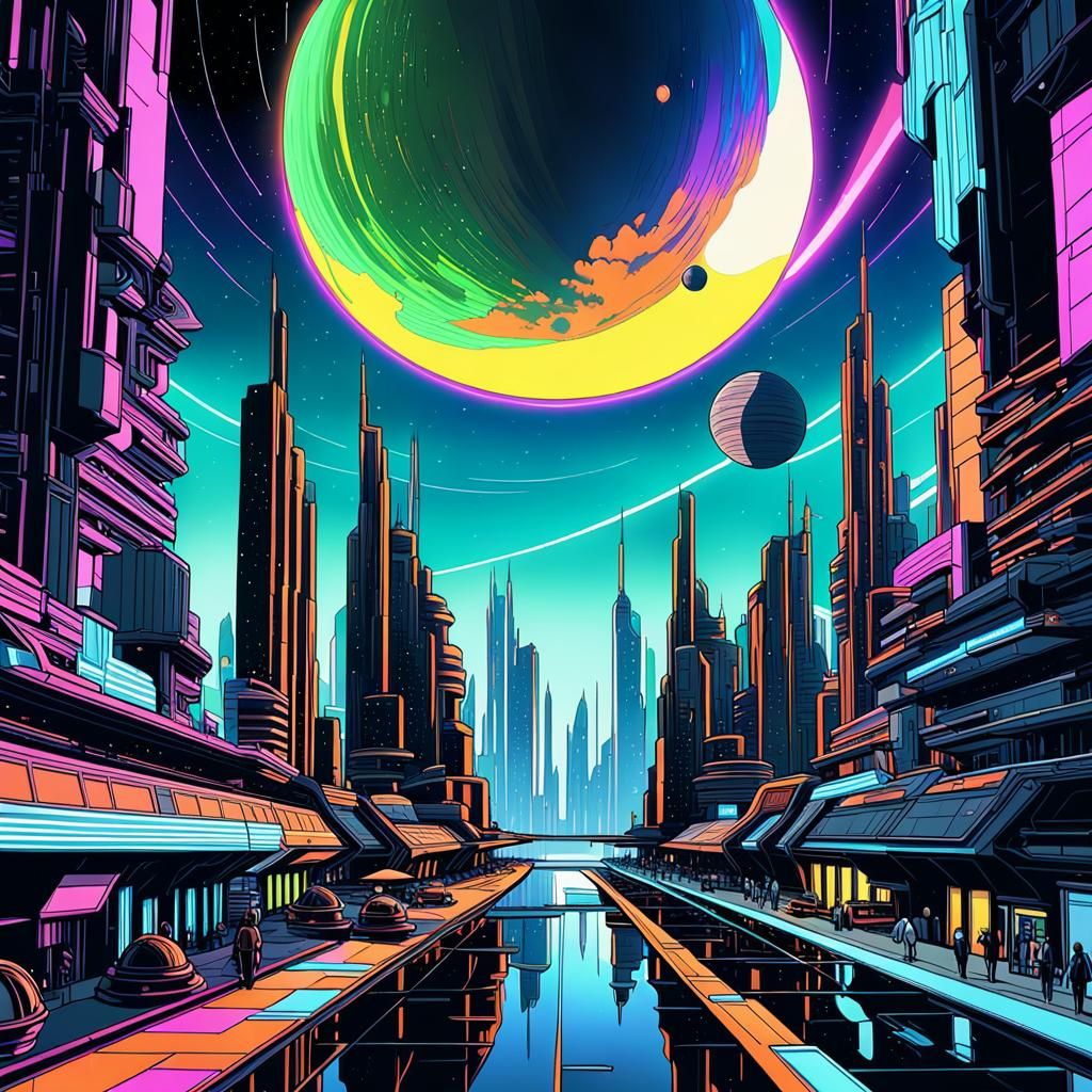 Coruscant Cityscape with Death Star in Comic Book Style