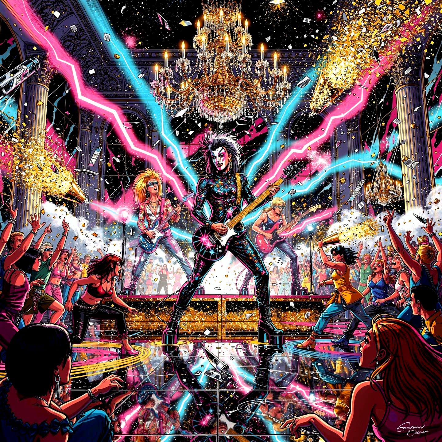 Glam Rock Concert in a Chaotic Ballroom