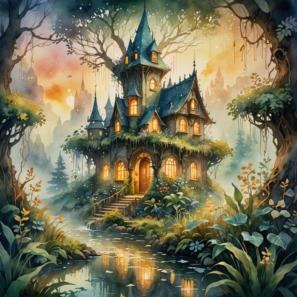 Enchanted Place with Glowing Plants in Watercolor Style