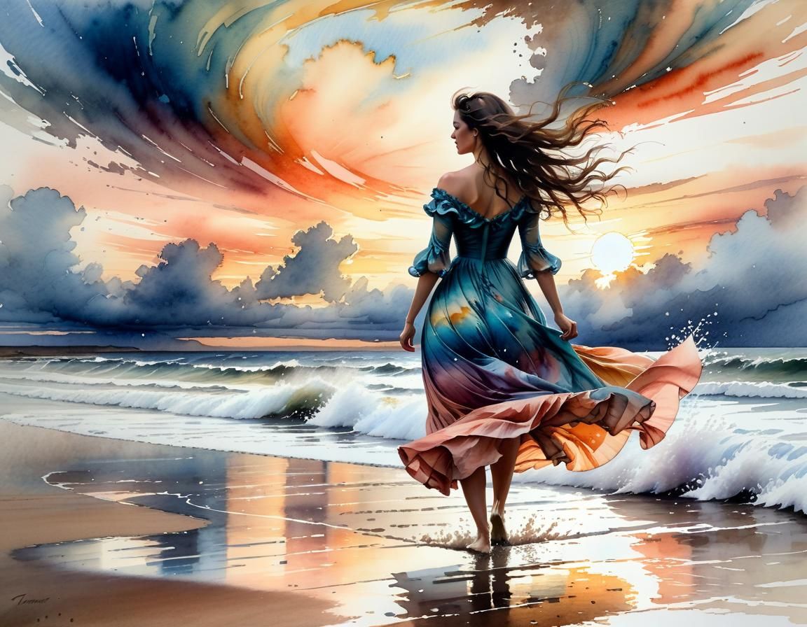 Ethereal Woman on Beach at Sunset: Watercolour Seascape